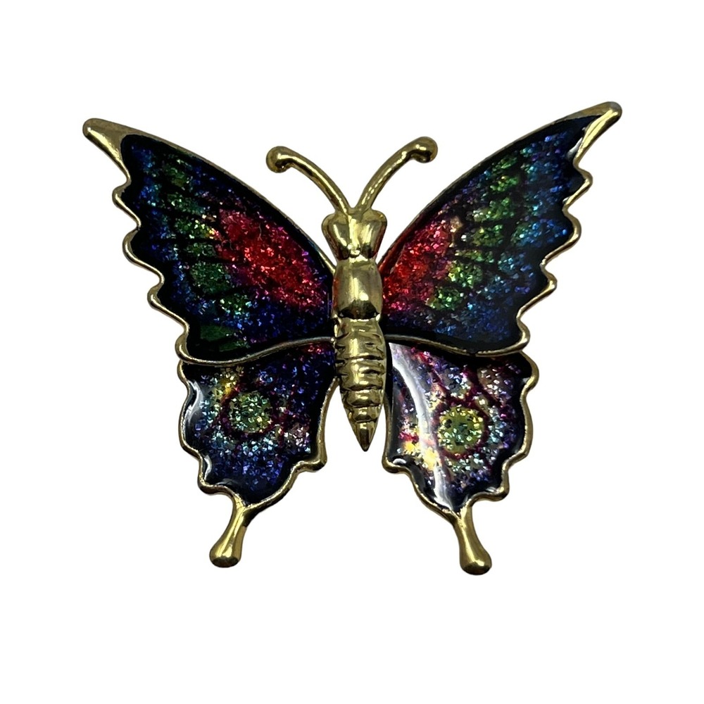Vintage‎ Butterfly Brooch Red Blue Green Enamel and Glitter Pin